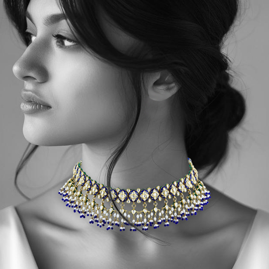 Polki Choker with Enamel, Pearl Bunches, and Blue Bead Accents